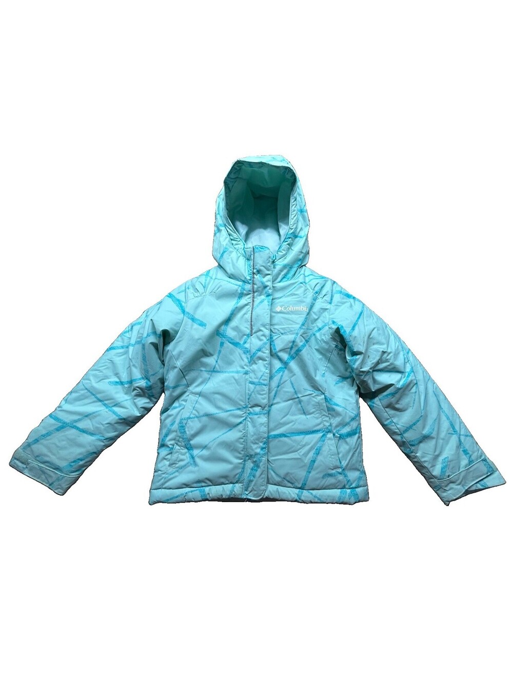 Columbia Girls XXS 4/5 Hooded Puffer Jacket Blue Aqua Geometric Print